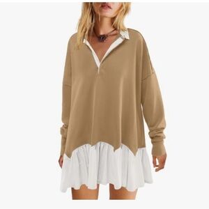 Tan and White Long Sleeve Dress